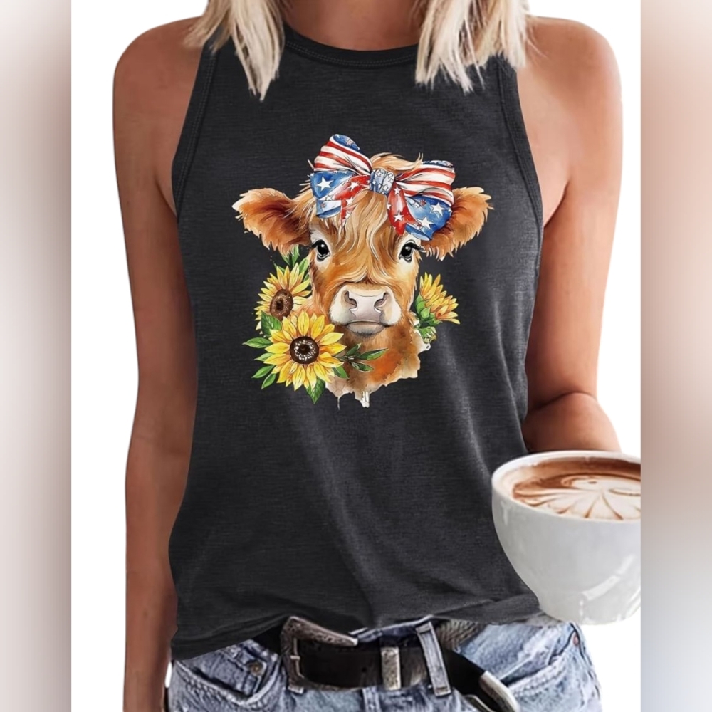 🆕 Women's Heather Gray Tank Top With Americana Highland Cow Screen Print